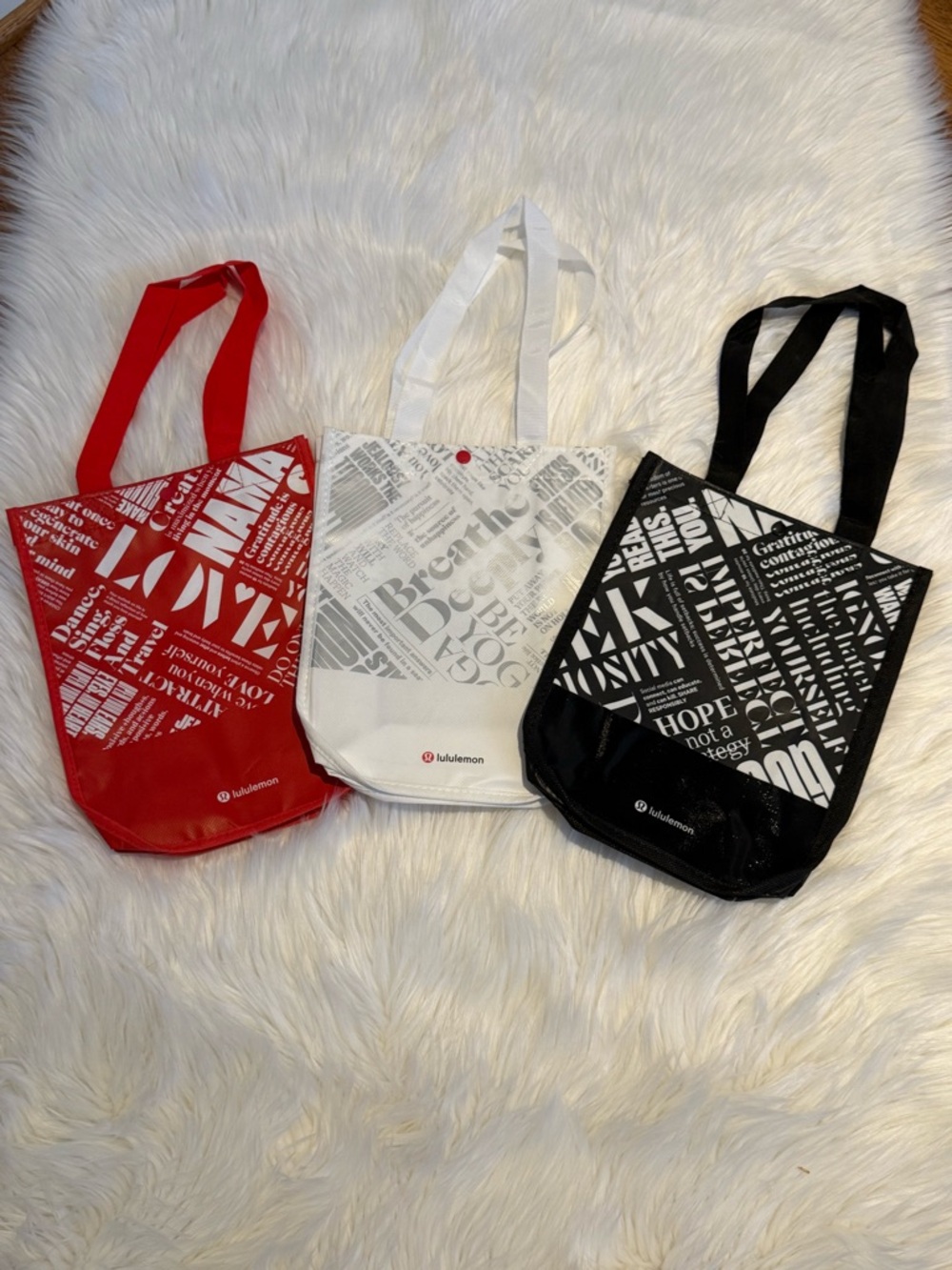 Set of 3 Lululemon Small Reusable Tote Bag Trio Black Red White
